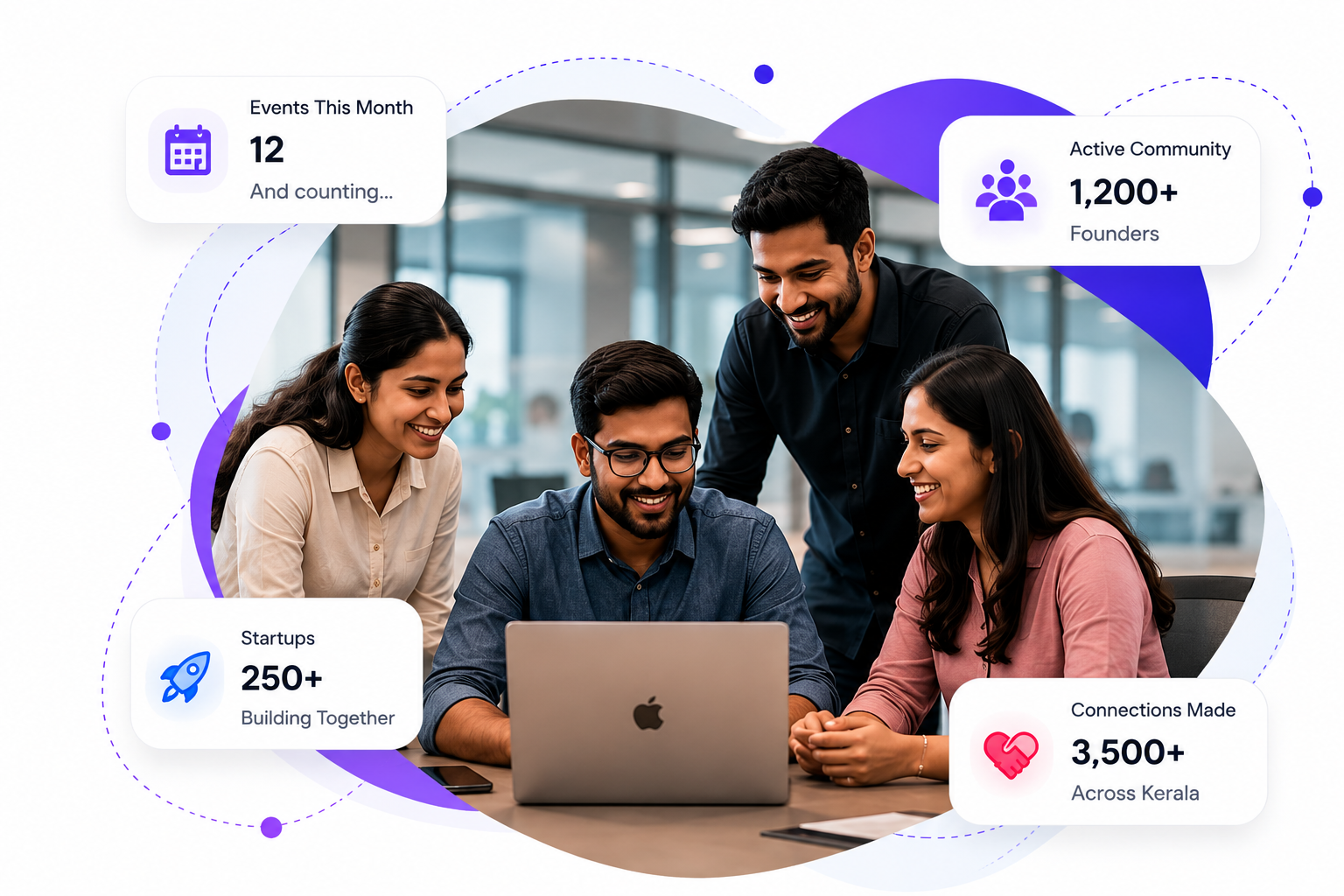 EdTech founders collaborating with community stats overlay